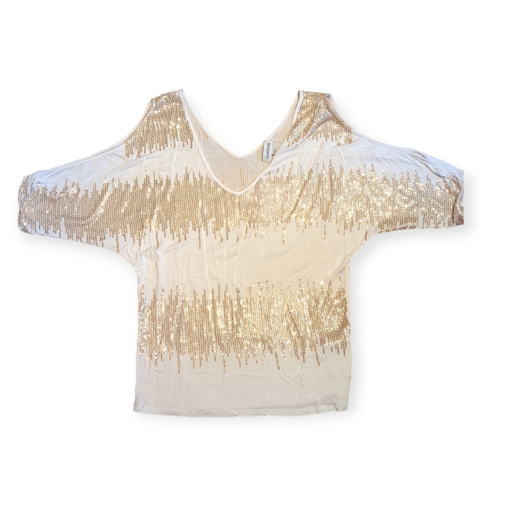 bebe Cream and Gold Sequin Cold Shoulder Blouse